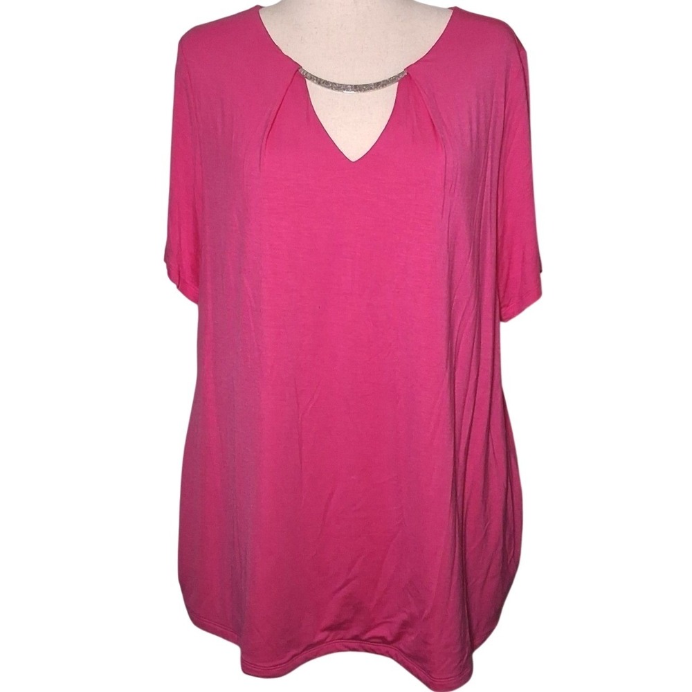 INC International Concepts Vibrant Pink V-Neck Short Sleeve Top 1X Metallic Bar